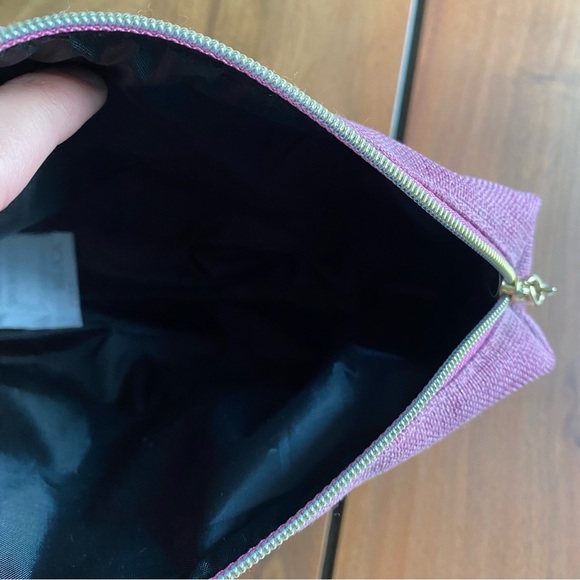 NEW Lancome Cosmetic Bag Pink Purple Glitter Canvas Gold Zip Makeup Small - Picture 2 of 7